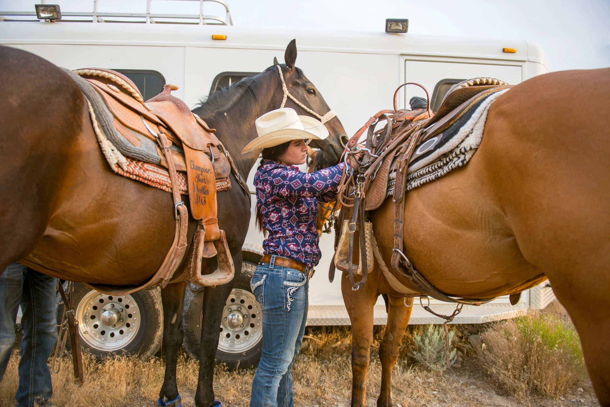 Cowgirl preparing a horse to ride at sunset