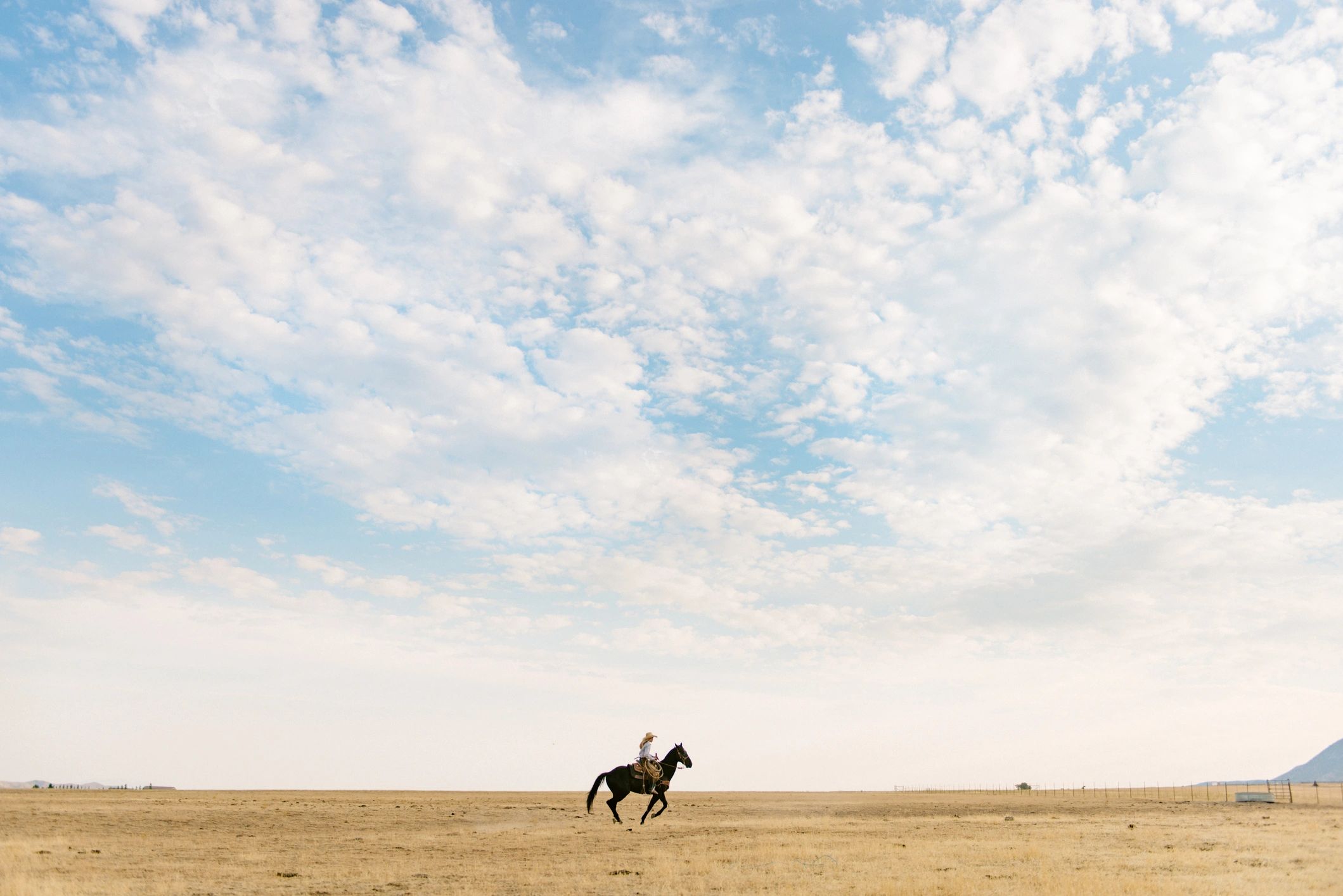 Teenage cowgirl riding a horse on prairie